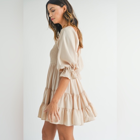 MABLE Size S Ruffle Mini Dress Beige Champagne Emory Smocked SummerDress Women - Picture 3 of 11